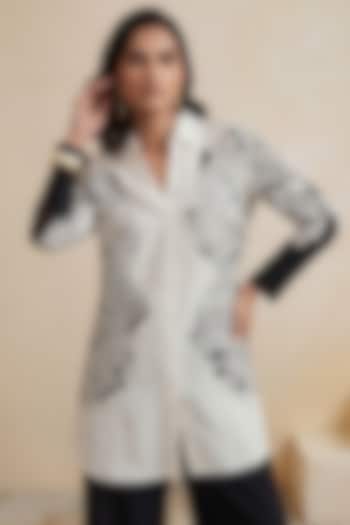 Black & White Linen Leaf Printed High-Low Tunic by Satya Paul at Pernia's Pop Up Shop