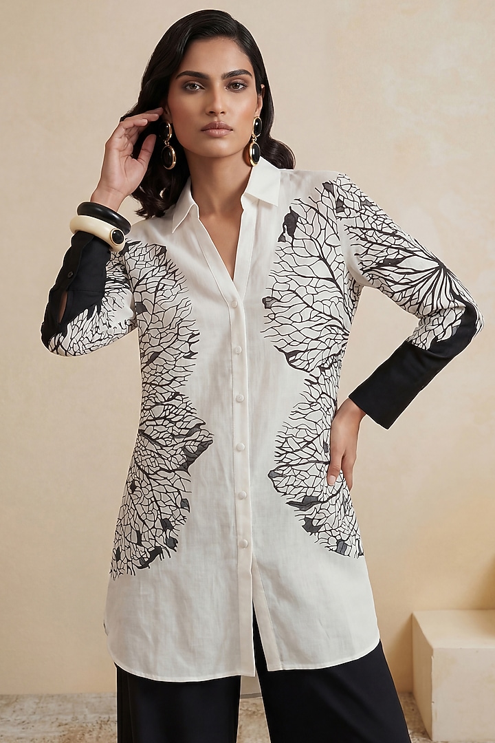 Black & White Linen Leaf Printed High-Low Tunic by Satya Paul at Pernia's Pop Up Shop