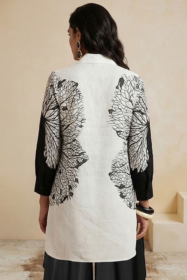 Black & White Linen Leaf Printed High-Low Tunic by Satya Paul at Pernia's Pop Up Shop