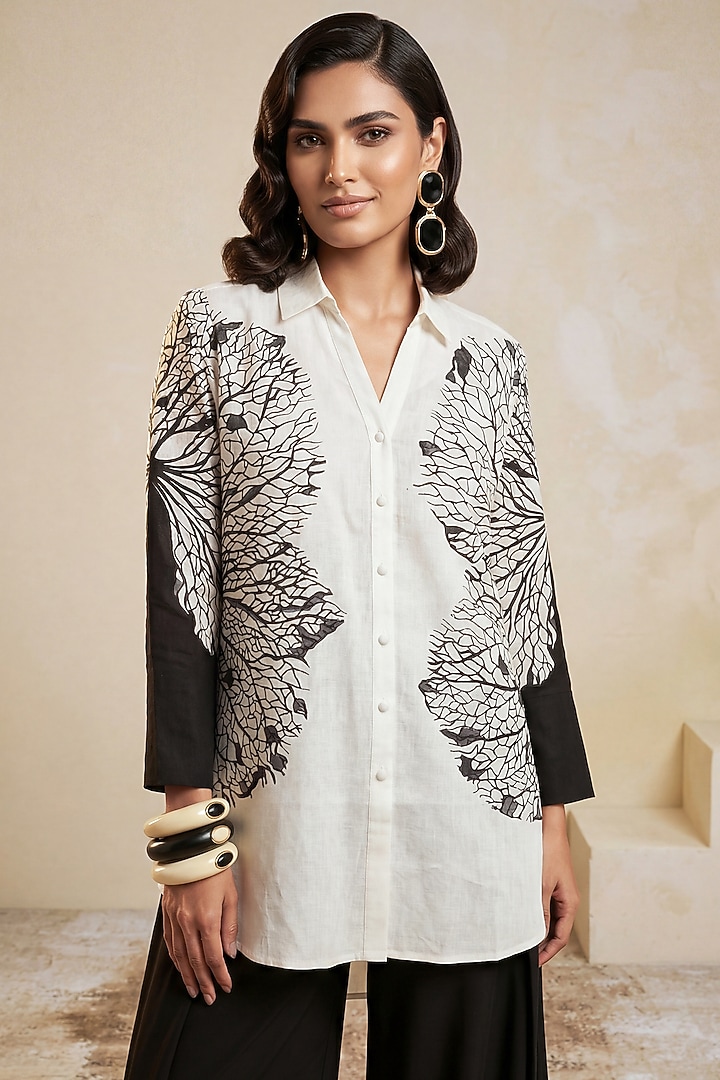 Black & White Linen Leaf Printed High-Low Tunic by Satya Paul at Pernia's Pop Up Shop
