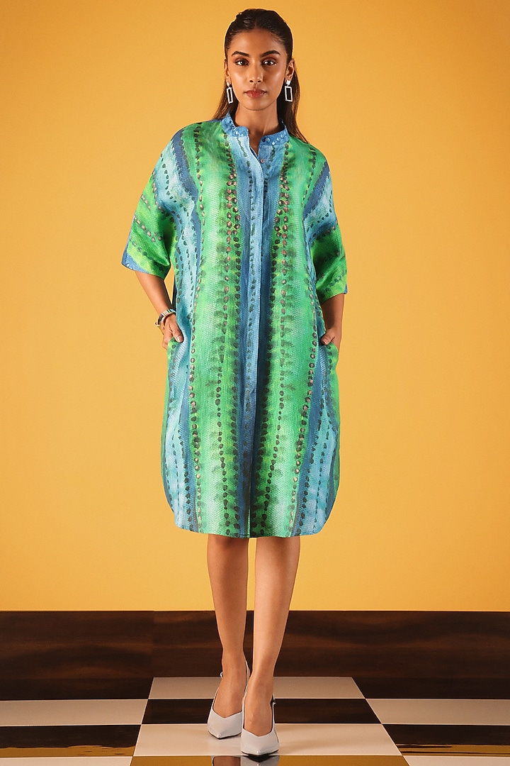Green Viscose Linen Cactus Printed Tunic by Satya Paul at Pernia's Pop Up Shop