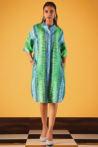 Green Viscose Linen Cactus Printed Tunic by Satya Paul