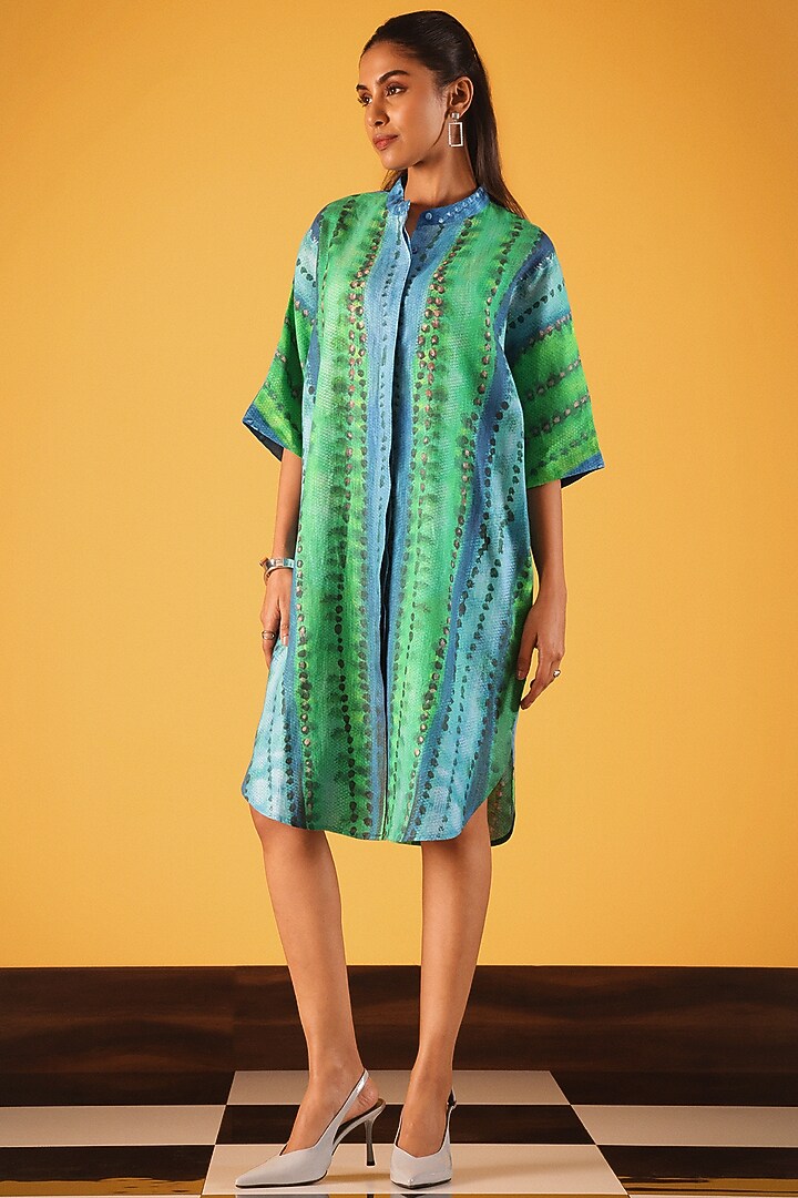 Green Viscose Linen Cactus Printed Tunic by Satya Paul at Pernia's Pop Up Shop