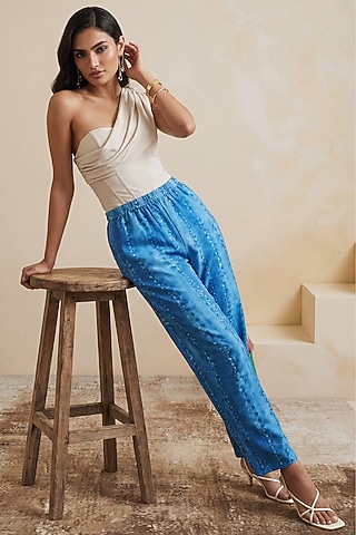 Green Viscose Linen Cactus Printed Pants by Satya Paul