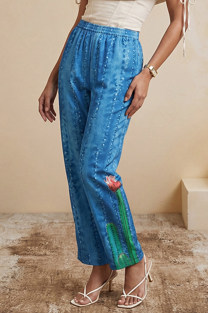 Green Viscose Linen Cactus Printed Pants by Satya Paul at Pernia's Pop Up Shop