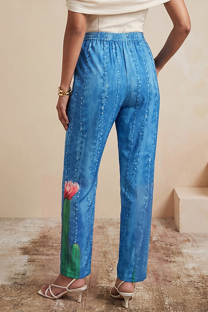 Green Viscose Linen Cactus Printed Pants by Satya Paul at Pernia's Pop Up Shop