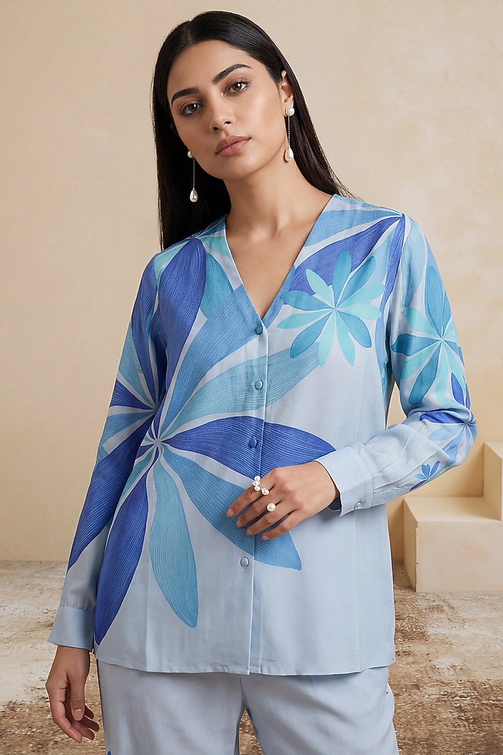 Royal Blue Chanderi Floral Printed Tunic by Satya Paul at Pernia's Pop Up Shop