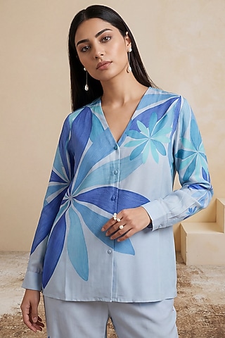 Royal Blue Chanderi Floral Printed Tunic by Satya Paul