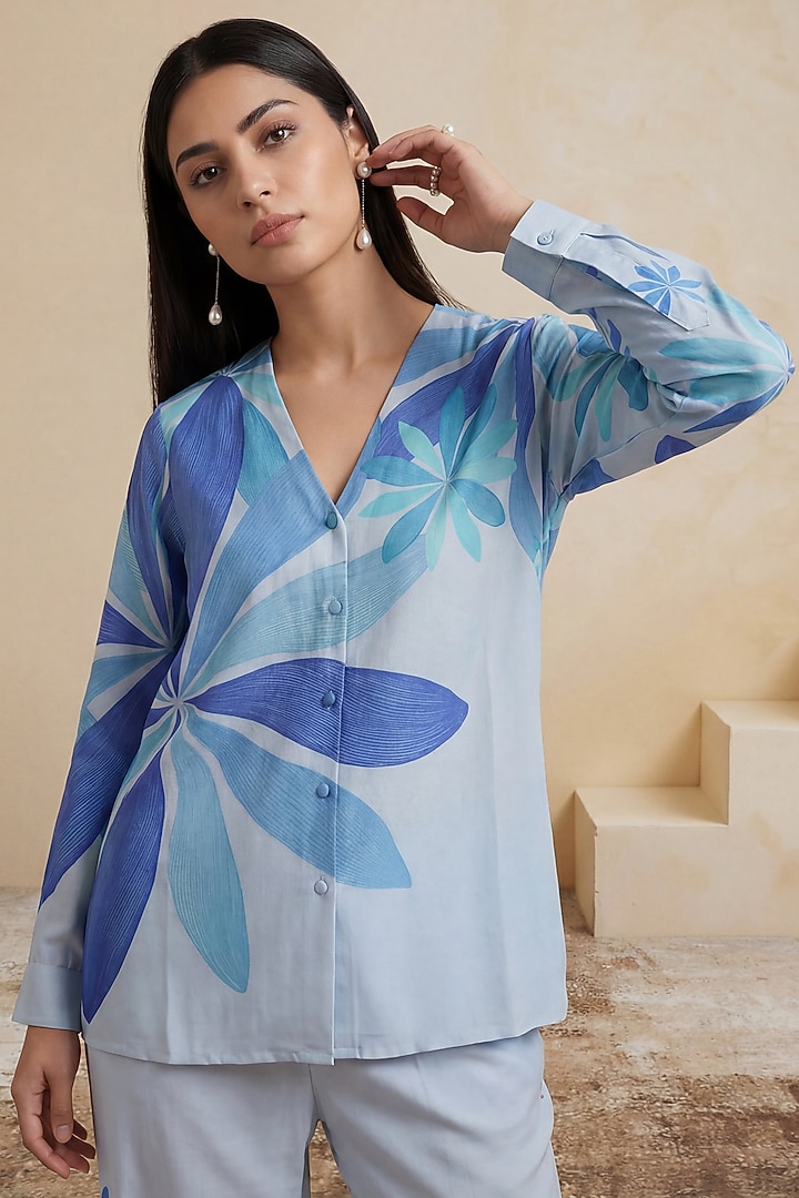 Royal Blue Chanderi Floral Printed Tunic by Satya Paul at Pernia's Pop Up Shop