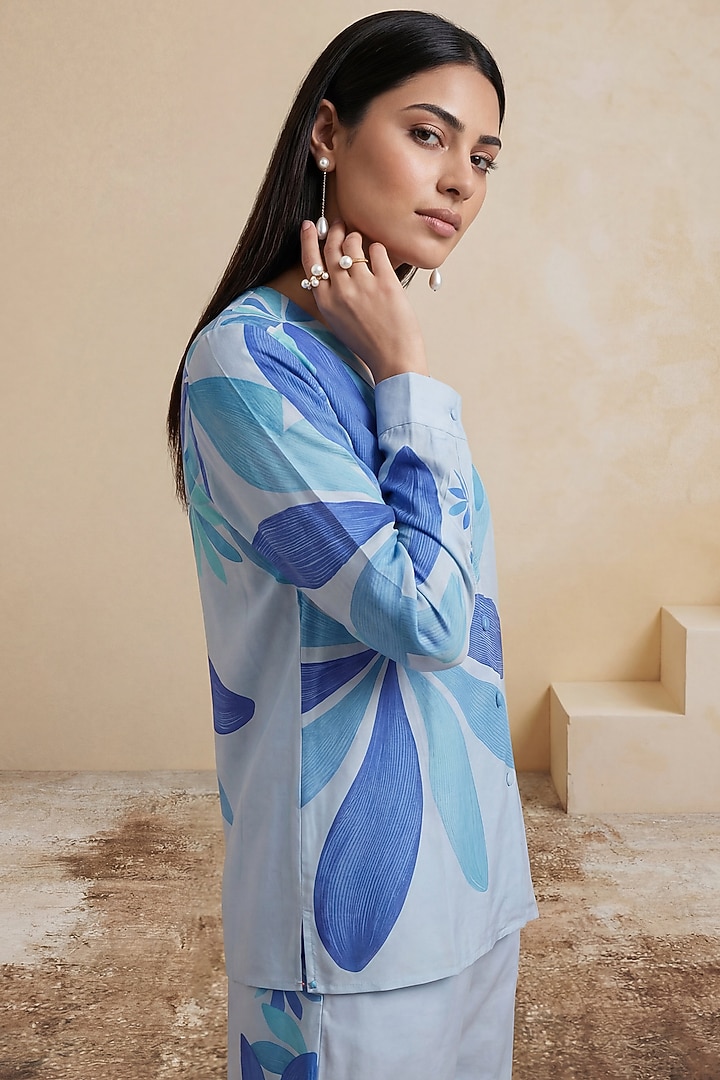 Royal Blue Chanderi Floral Printed Tunic by Satya Paul at Pernia's Pop Up Shop