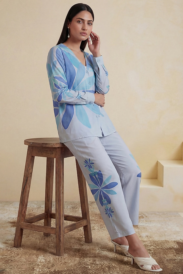 Royal Blue Chanderi Floral Printed Pants by Satya Paul at Pernia's Pop Up Shop