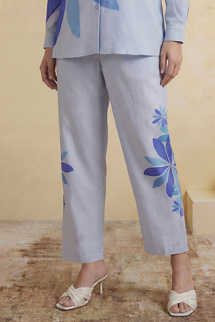 Royal Blue Chanderi Floral Printed Pants by Satya Paul at Pernia's Pop Up Shop