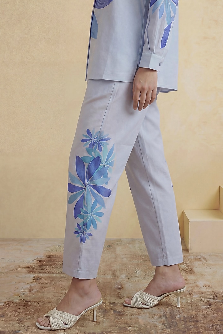 Royal Blue Chanderi Floral Printed Pants by Satya Paul at Pernia's Pop Up Shop