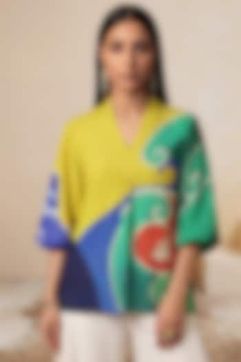 Yellow Viscose Crepe Color-Block Printed Kaftan by Satya Paul at Pernia's Pop Up Shop