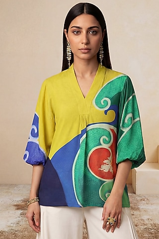 Yellow Viscose Crepe Color-Block Printed Kaftan by Satya Paul