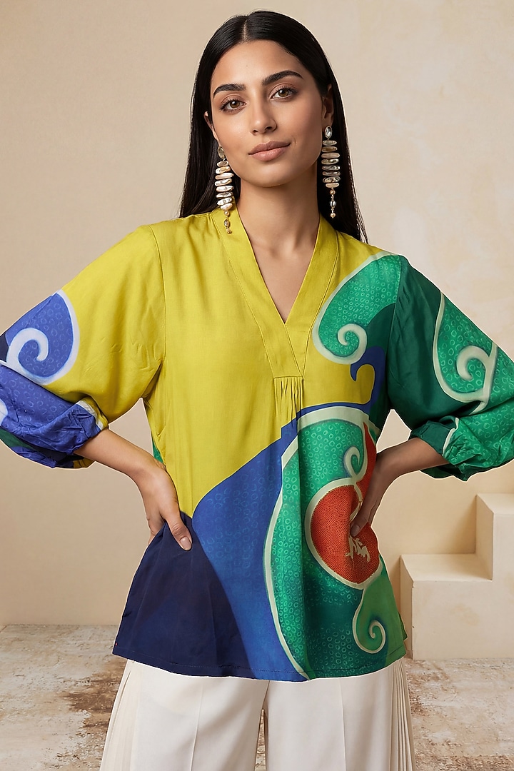 Yellow Viscose Crepe Color-Block Printed Kaftan by Satya Paul at Pernia's Pop Up Shop