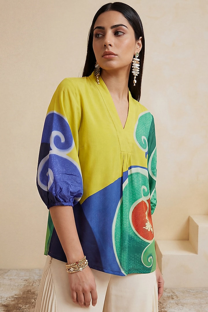 Yellow Viscose Crepe Color-Block Printed Kaftan by Satya Paul at Pernia's Pop Up Shop