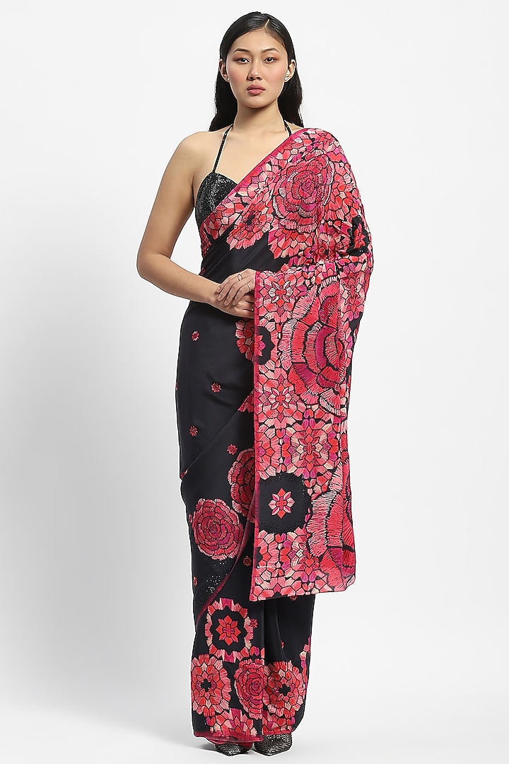 Black Crepe Phulkari Motifs Embellished Saree by Satya Paul at Pernia's Pop Up Shop