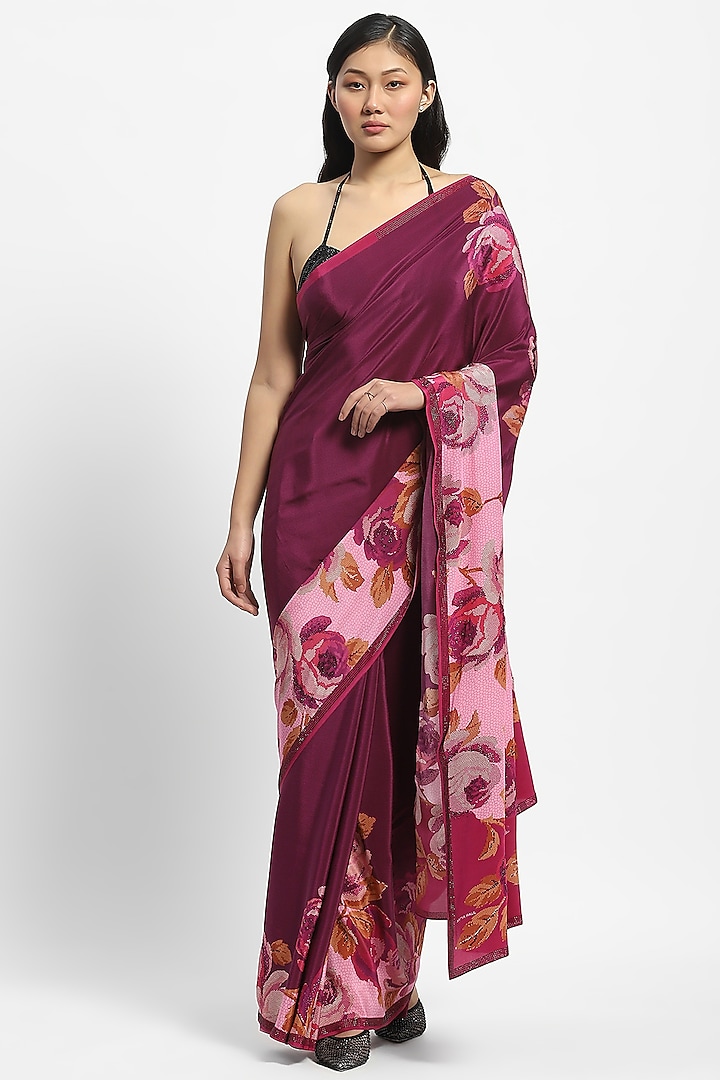 Wine Crepe Sequin Embellished Saree by Satya Paul at Pernia's Pop Up Shop