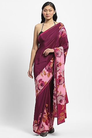 Wine Crepe Sequin Embellished Saree by Satya Paul