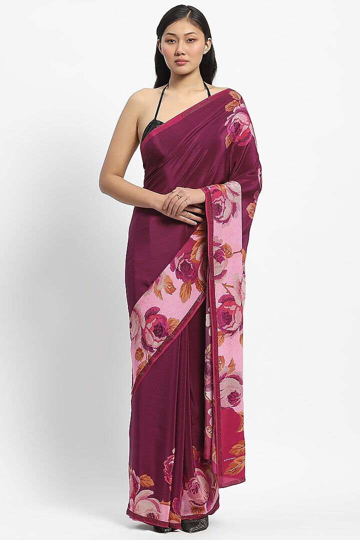 Wine Crepe Sequin Embellished Wedding Saree by Satya Paul at Pernia's Pop Up Shop