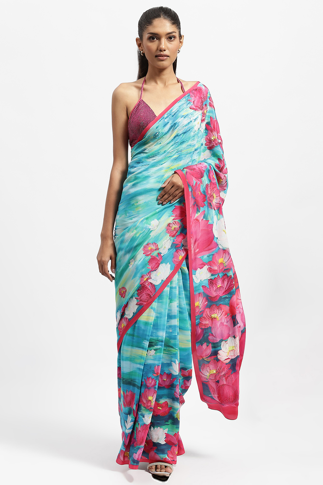 Blue Crepe Embellished Wedding Saree by Satya Paul at Pernia's Pop Up Shop