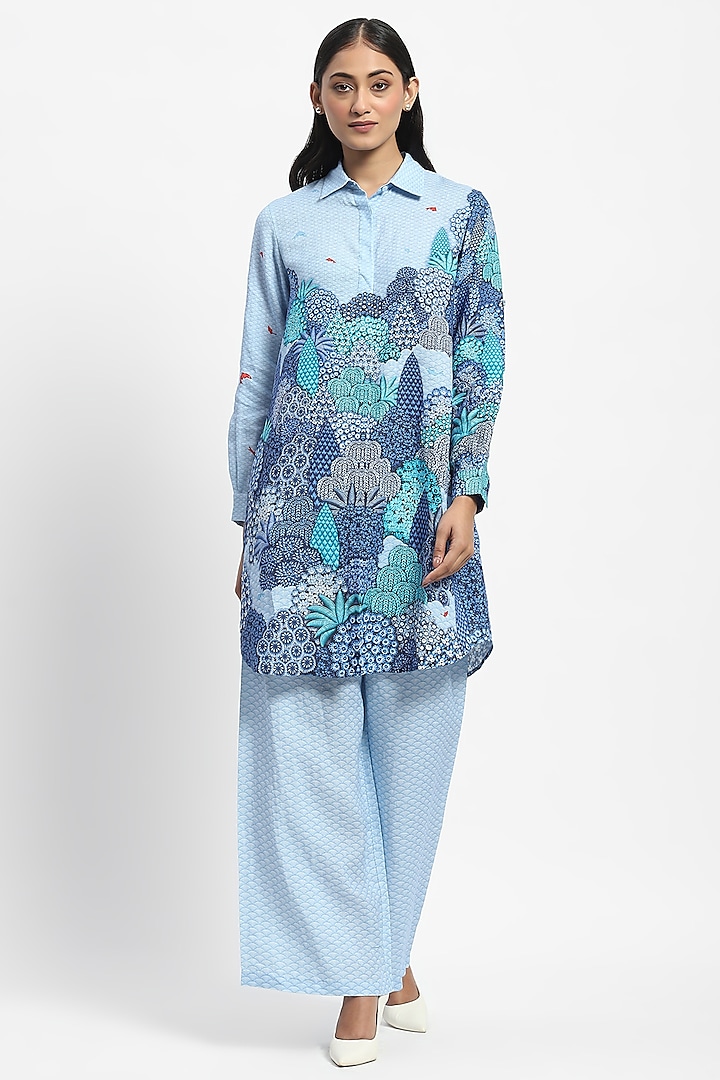 Blue Linen Printed Co-Ord Set by Satya Paul at Pernia's Pop Up Shop