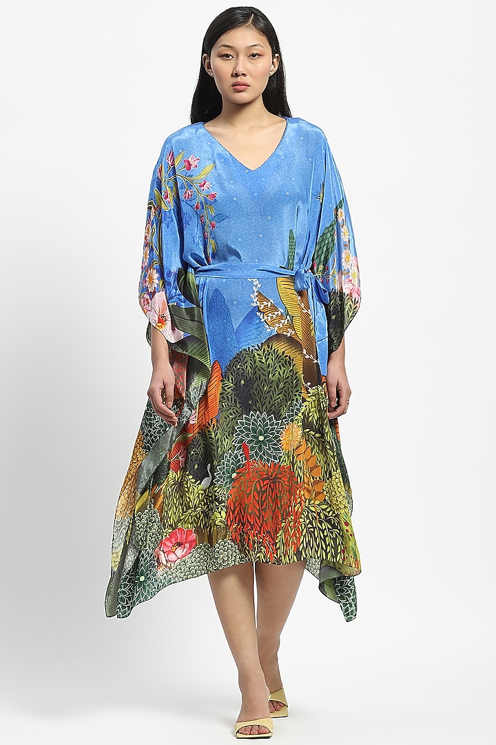 Blue Viscose Crepe Printed Kaftan With Belt by Satya Paul at Pernia's Pop Up Shop