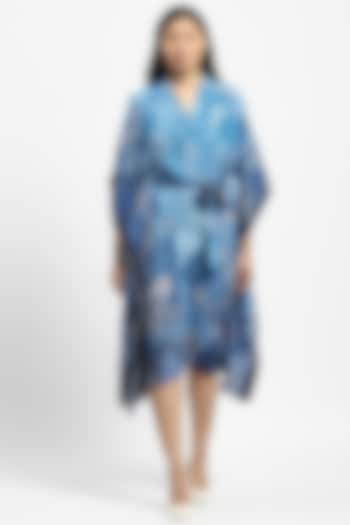 Blue Crepe Printed Kaftan With Belt by Satya Paul at Pernia's Pop Up Shop