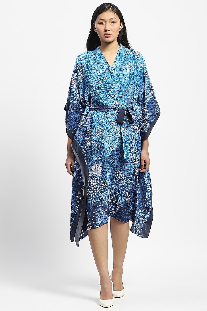 Blue Crepe Printed Kaftan With Belt by Satya Paul at Pernia's Pop Up Shop