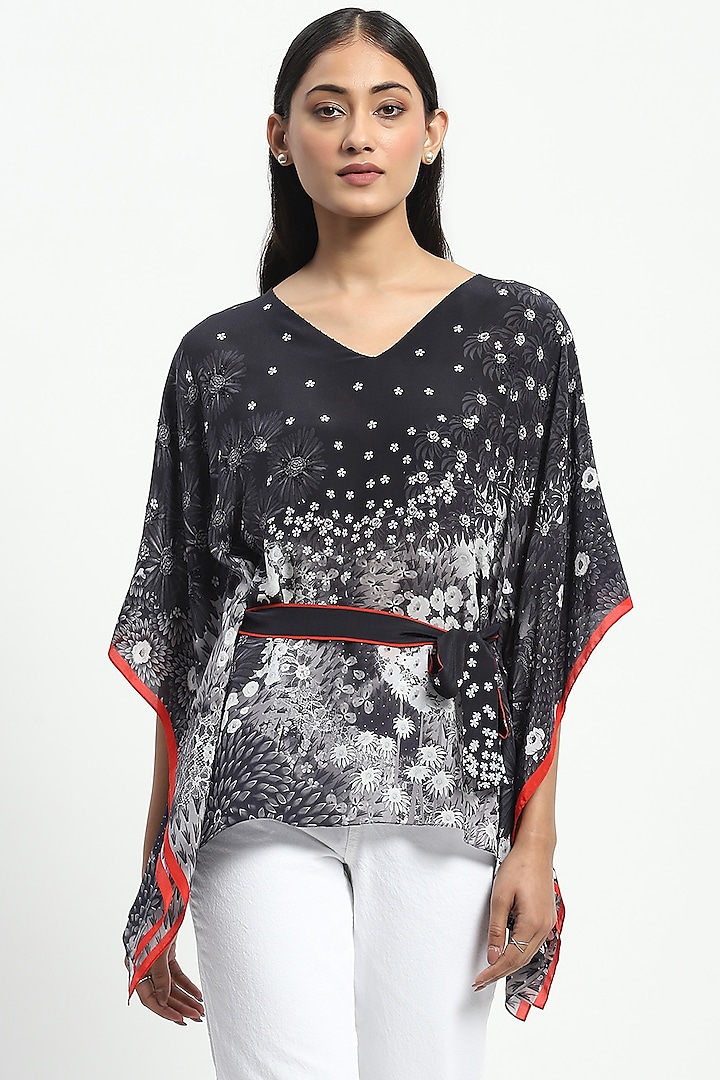 Black Crepe Printed Kaftan With Belt by Satya Paul at Pernia's Pop Up Shop