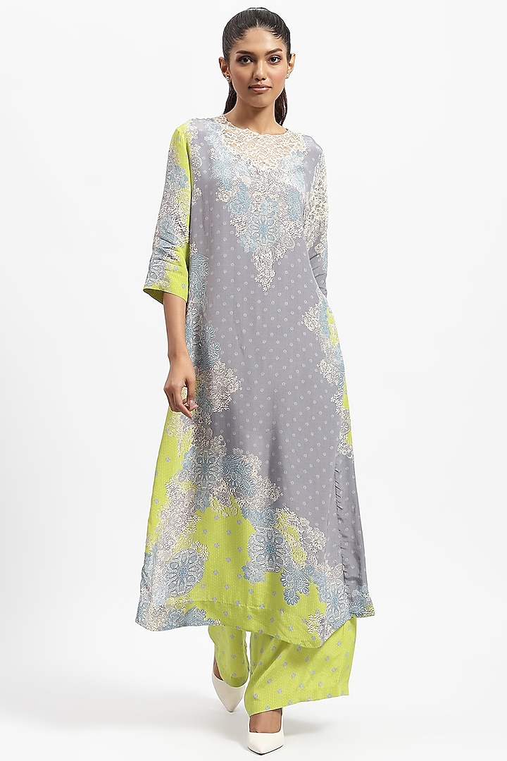 Grey Silk Crepe Embellished Kurta Set by Satya Paul