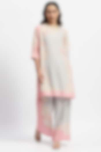 Pink Linen Printed & French Lace Embroidered Kurta Set by Satya Paul