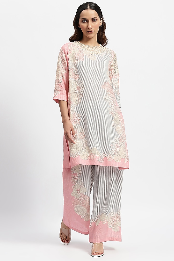 Pink Linen Printed & French Lace Embroidered Kurta Set by Satya Paul