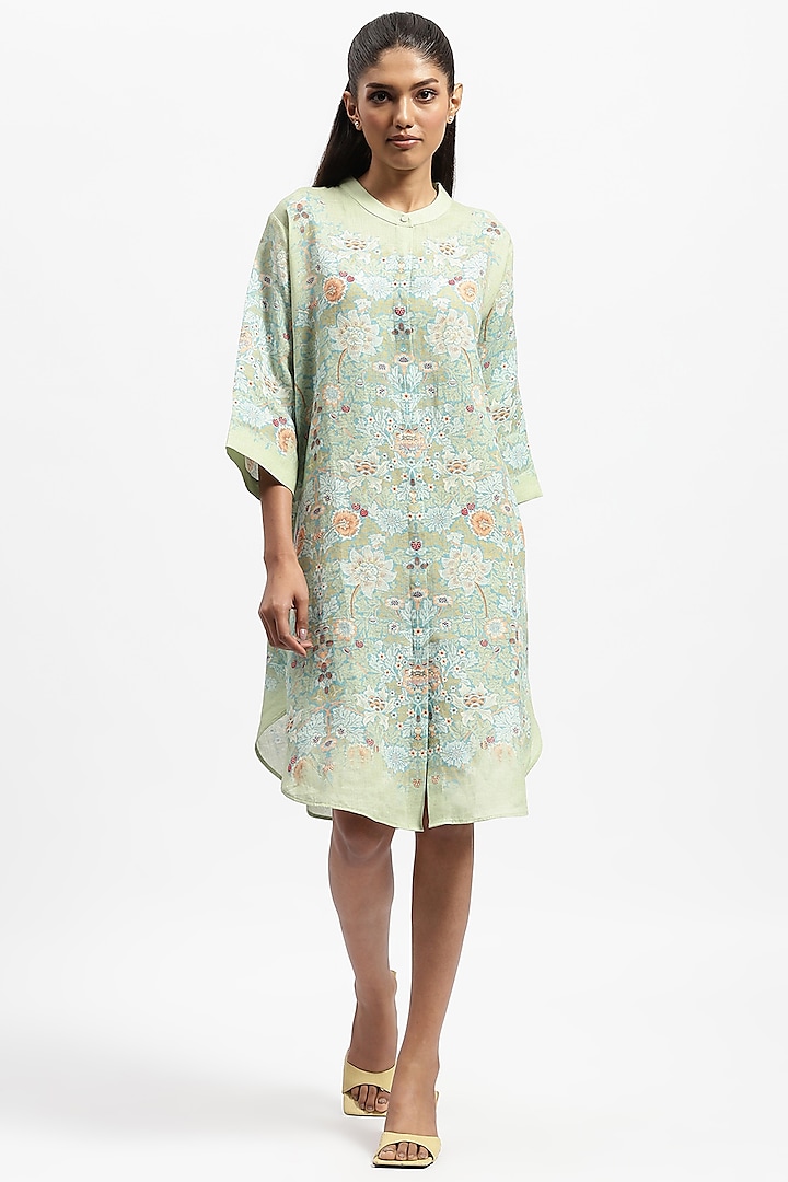 Green Linen Printed Tunic by Satya Paul at Pernia's Pop Up Shop