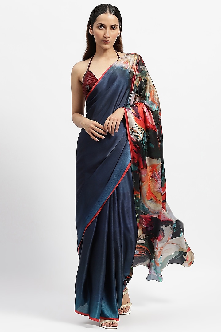 Green Silk Satin Printed Saree by Satya Paul at Pernia's Pop Up Shop