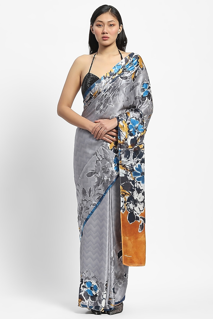 Grey Georgette Satin Sequin Embellished Wedding Saree by Satya Paul at Pernia's Pop Up Shop