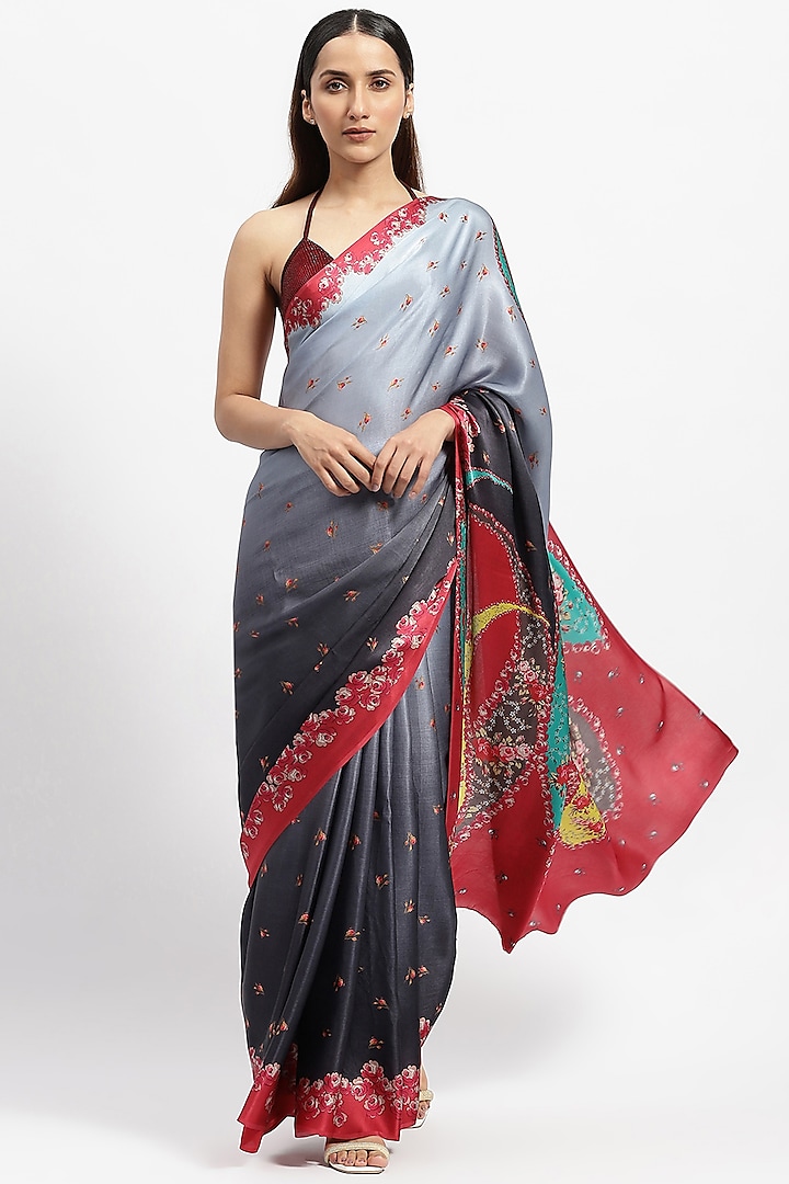 Grey Silk Satin Printed Saree by Satya Paul at Pernia's Pop Up Shop