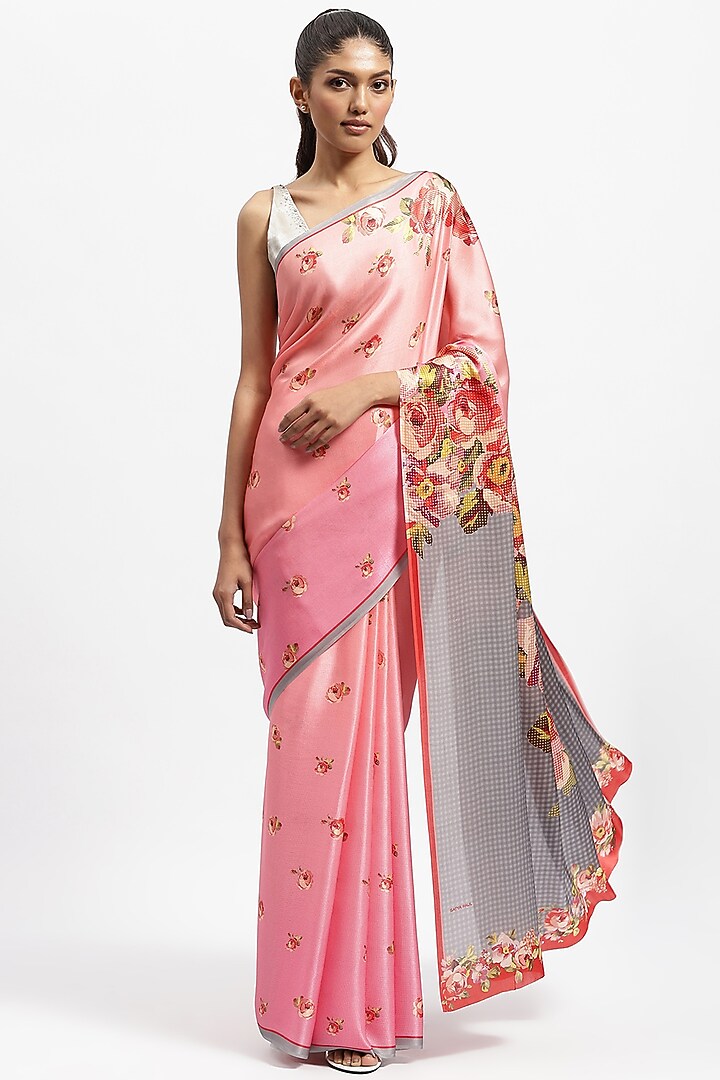 Pink Silk Satin Embellished Party Wear Saree by Satya Paul at Pernia's Pop Up Shop