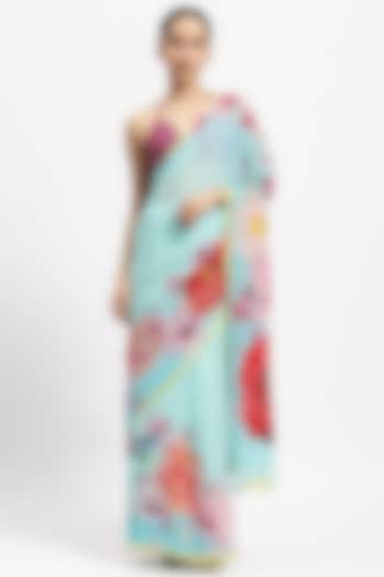 Green Silk Chiffon Hand Painted Party Wear Saree by Satya Paul at Pernia's Pop Up Shop