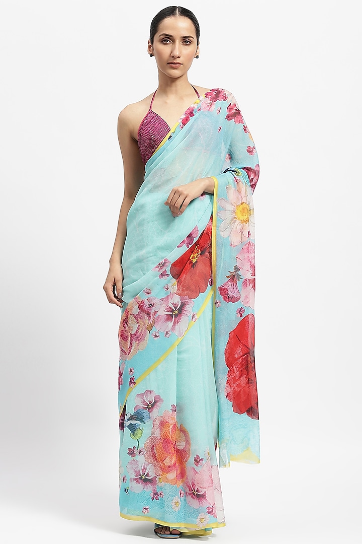 Green Silk Chiffon Hand Painted Party Wear Saree by Satya Paul at Pernia's Pop Up Shop