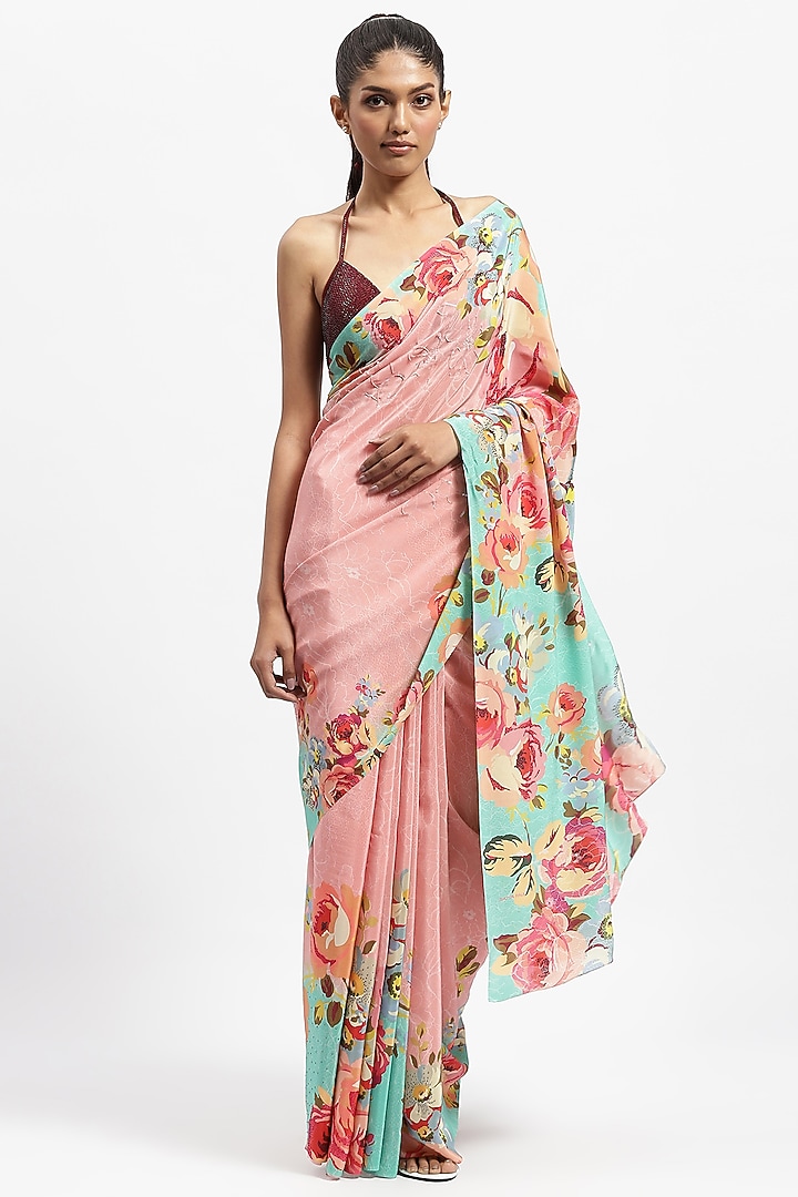 Pink Silk Crepe Embellished Wedding Saree by Satya Paul at Pernia's Pop Up Shop