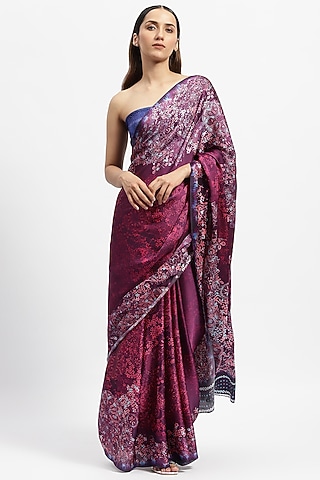 Purple Silk Satin Floral Printed Saree by Satya Paul