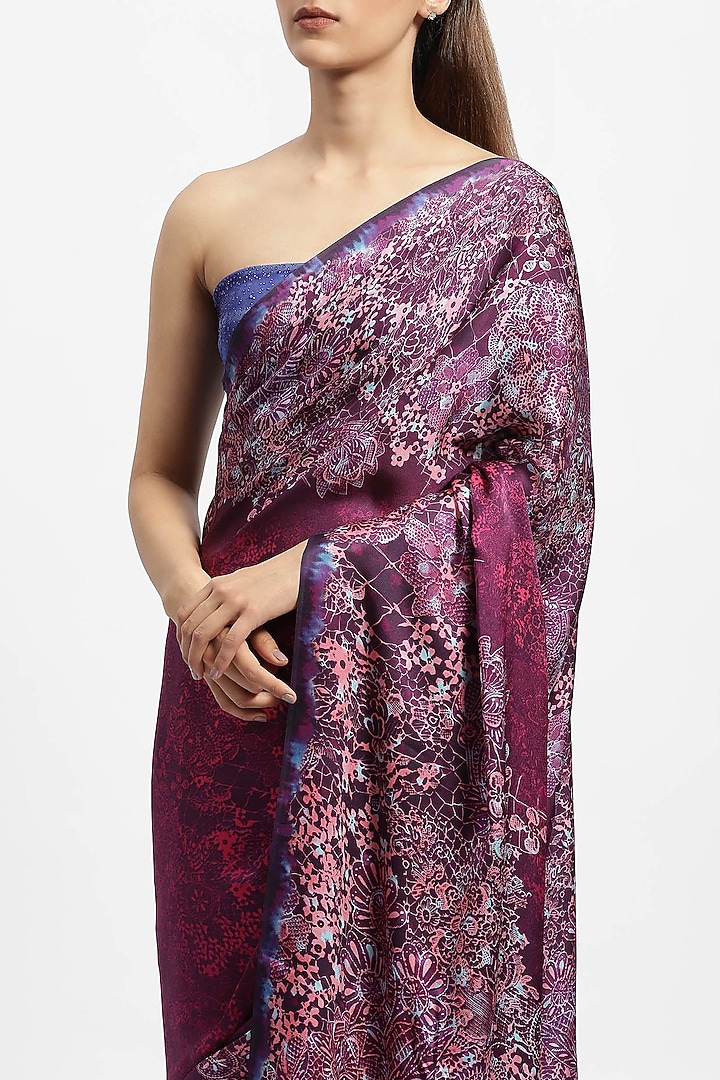 Purple Silk Satin Floral Printed Party Wear Saree by Satya Paul at Pernia's Pop Up Shop