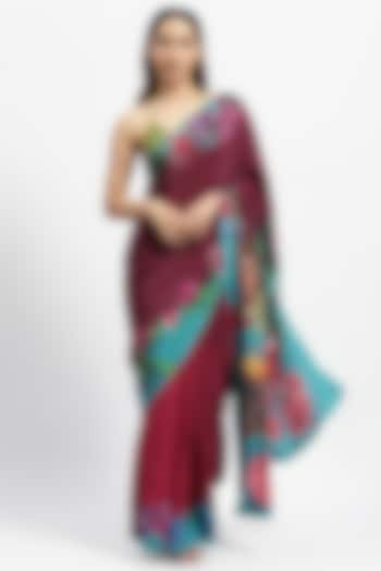 Wine Silk Crepe Embellished Saree by Satya Paul at Pernia's Pop Up Shop