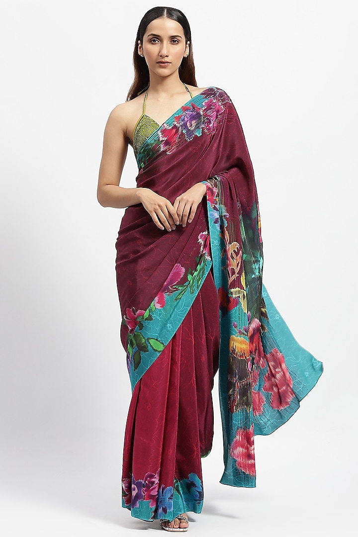 Wine Silk Crepe Embellished Saree by Satya Paul at Pernia's Pop Up Shop