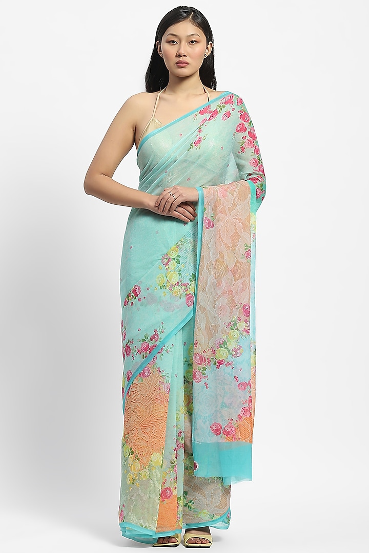 Blue Chiffon Printed Saree by Satya Paul at Pernia's Pop Up Shop