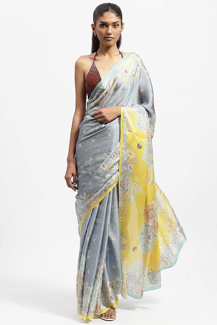 Grey Silk Satin Printed Saree by Satya Paul at Pernia's Pop Up Shop