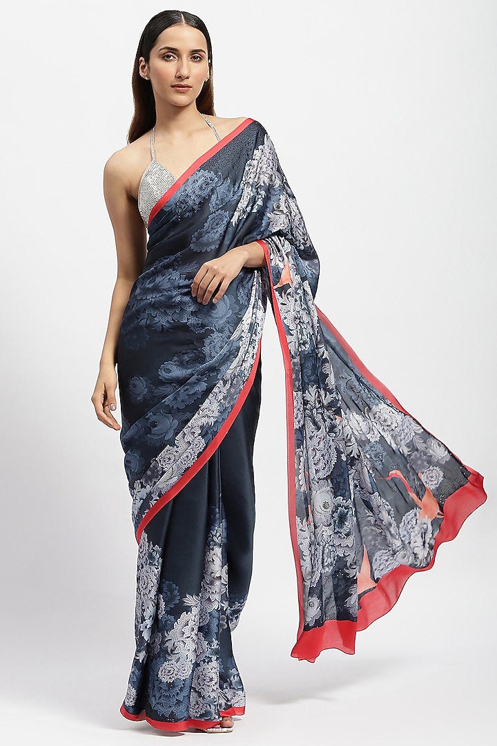 Blue Silk Satin Embellished Wedding Saree by Satya Paul at Pernia's Pop Up Shop