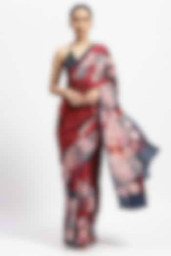 Red Silk Crepe Printed Saree by Satya Paul at Pernia's Pop Up Shop